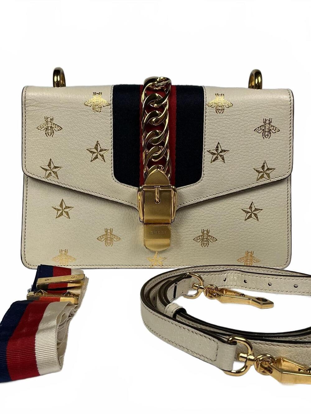 Gucci White Leather Shoulder Bag with Gold Bee and Star Embs